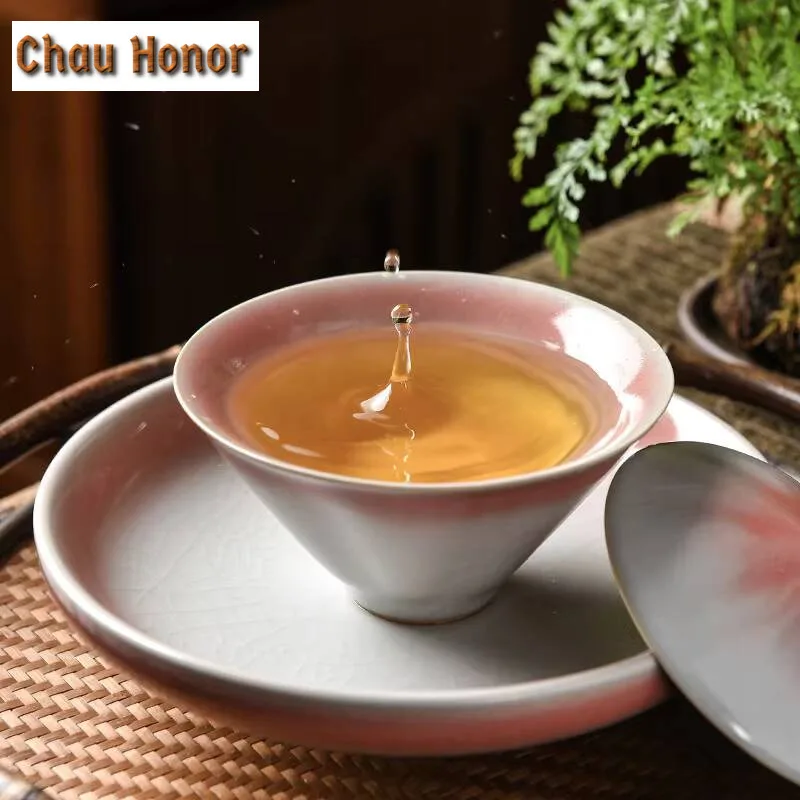 100ml High-end Ru Kiln Cherry Powder Ceramics Sancai Gaiwan Handmade Home Kung Fu Tea Set Tea Ceremony Drinkware Birthday Gifts