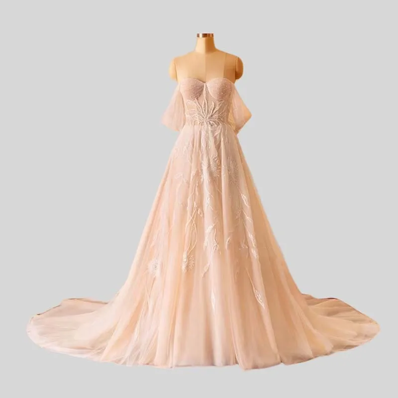 

Boho Wedding Dresses A-line Sweetheart Tulle Appliques Pearls Spain Wedding Gown Bridal Dresses Vestidos De Novia