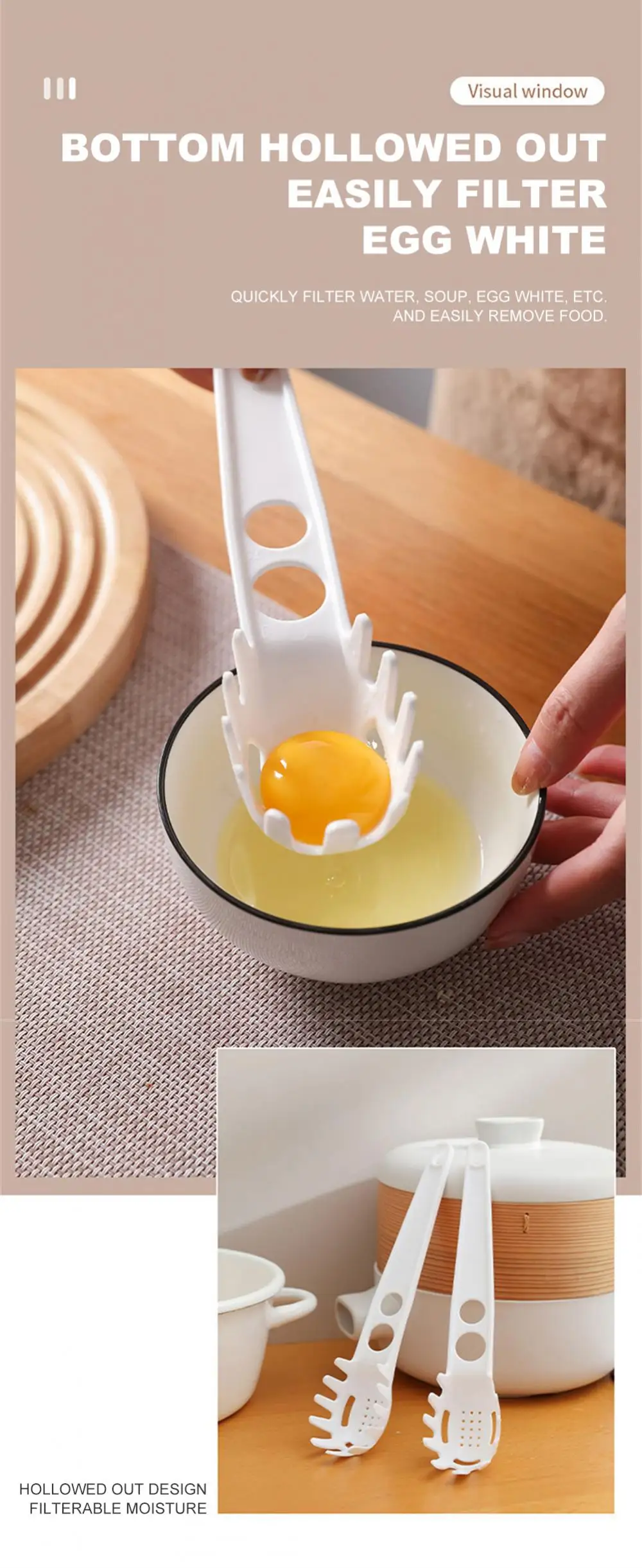 S3ae0b9a2112149978751a88ae83fc137D Durszlak do makaronu Spaghetti separacja żółtka gałka do jaj Separator białka filtr z tworzywa sztucznego łyżka do odpływu akcesoria kuchenne