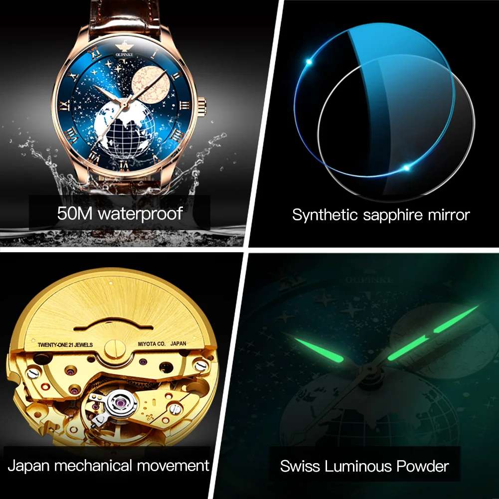 OUPINKE 3177 Luxury Men's Watches Comfortable Leather Strap Automatic Mechanical Watch for Man Starry Sky Earth Dial Sapphire 6