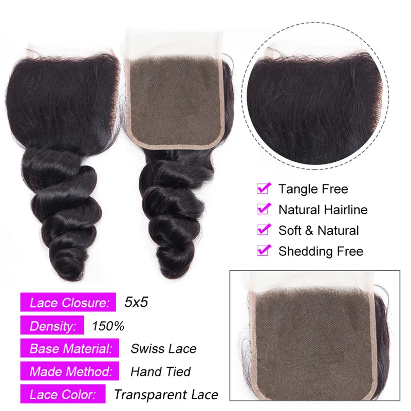 5x5 Lace Closure Loose Wave Human Hair Pre-Plucked Hairline Brazilian Virgin Hair Transparent Lace Closure For Black Women
