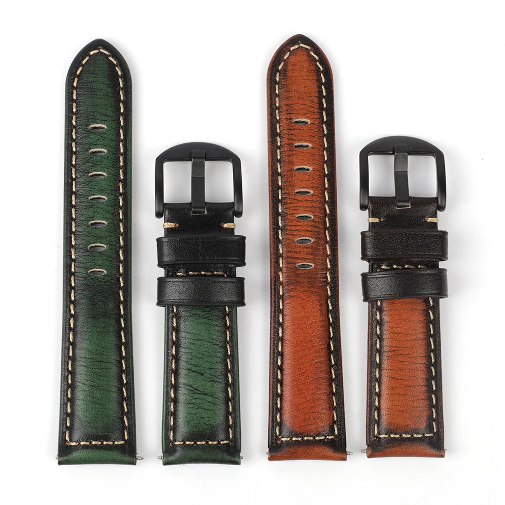 Onthelevel Vintage Watchband Orange Green Crazy Horse Genuine Leather Watch Strap Wristband Handmade Watch Accessories