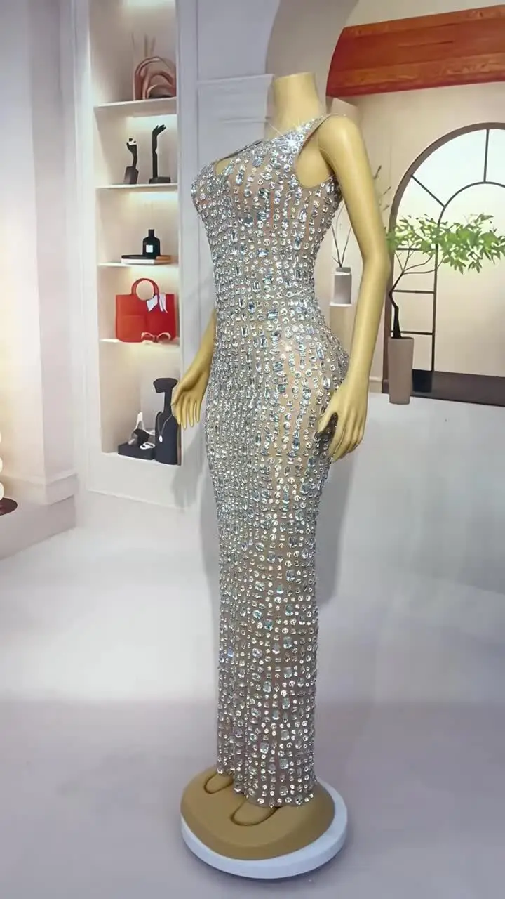 Сексуальное сетчатое платье для выпускного вечера с блестящими стразами