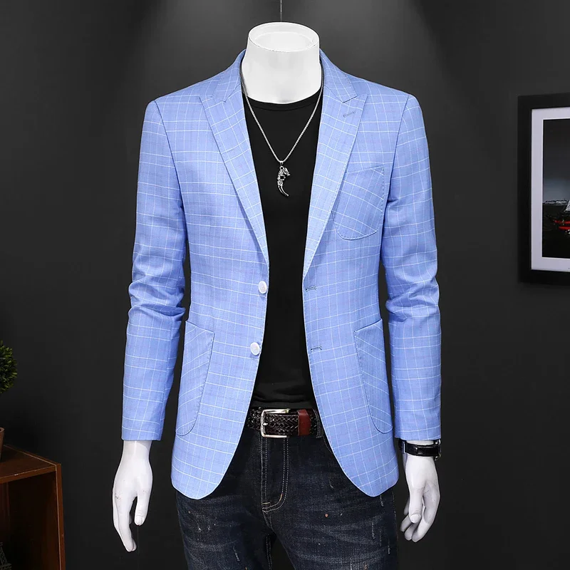 

Light Blue Plaid Blazers For Men Slim Fit Costume Homme Mariage Jaquetas Homens Terno Masculino Casual Formal Blazer Man Q208
