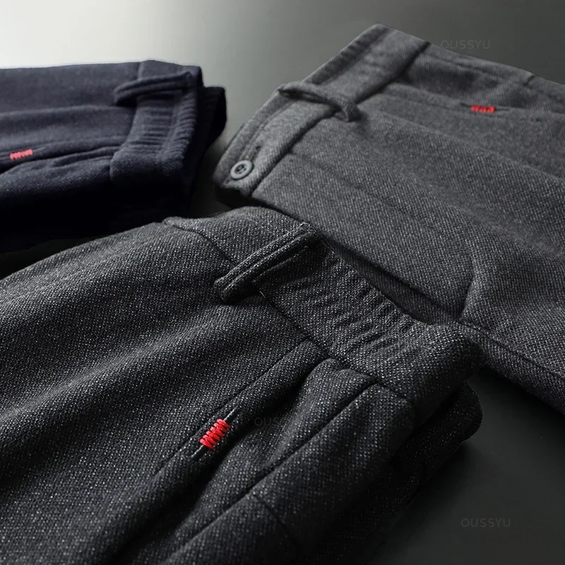Spring Autumn Men's Casual Pants Business Fashion Elastic Waist Slim Fit Stretch Thick Gray Black Cotton Trousers Male 5