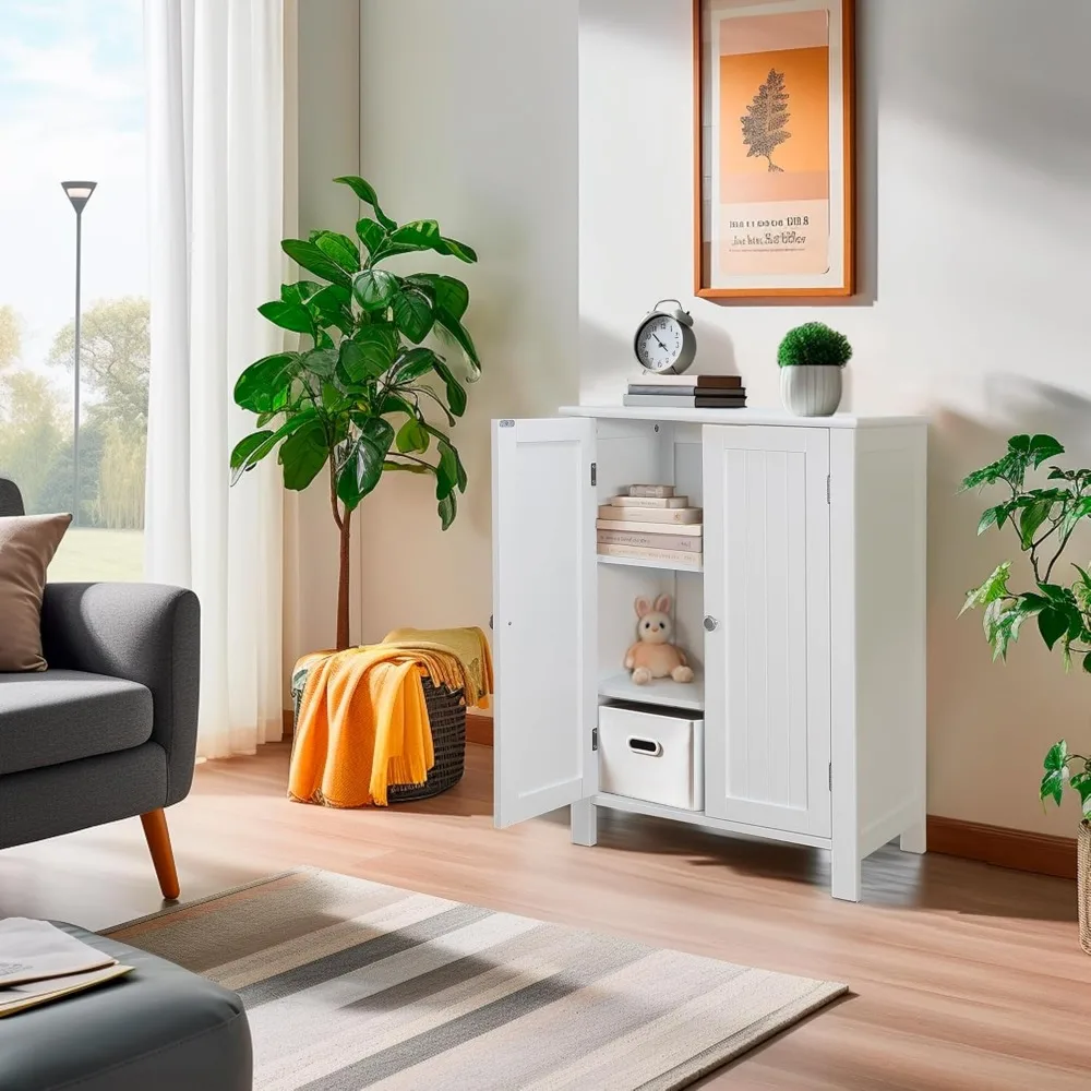 Bathroom Floor Storage Cabinet with Double Door + Adjustable Shelf, Wooden Organizer Cabinet for Living Room, Bathroom, Bed 4