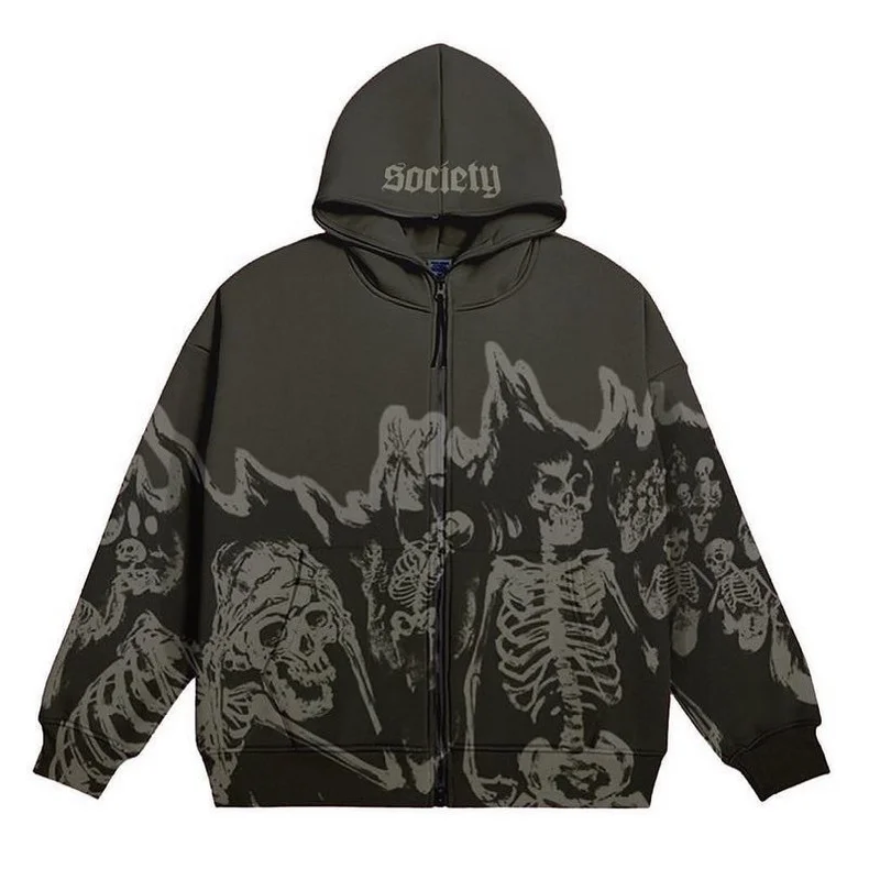 Men Skull Print Hoodies Vintage Hooded Zip Up Sweatshirt Gothic Top High Street Harajuku Streetwear Oversized Jacket Coat Hoodie