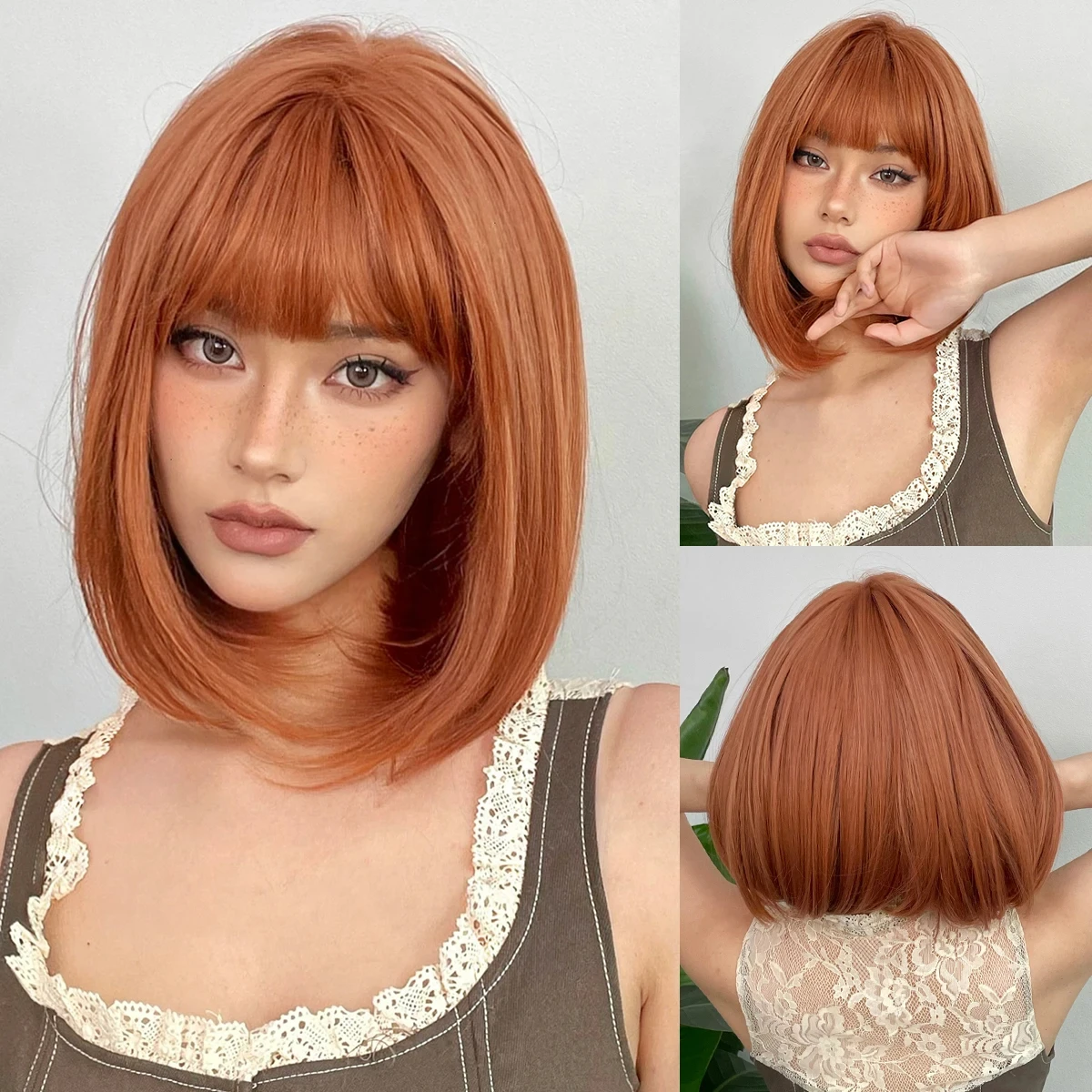 ミディアムショートウィッグレディース 女性用フリンジ付きショートストレートワインレッドボブウィッグ