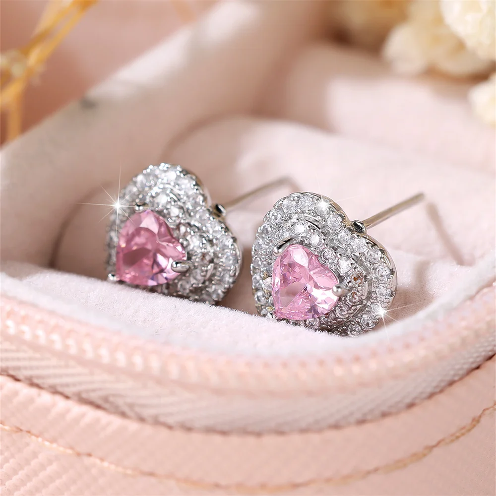 Trendy Pink Crystal White Zircon Love Heart Stud Earrings For Women Vintage Silver Color Wedding Earring Valentine Jewelry Gifts