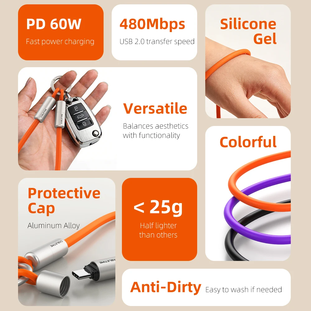 CABLETIME USB C 케이블 PD60W 고속 충전 케이블 랜야드 타입 C 케이블 480Mbps 고속 전송 속도 키체인 스마트 아이폰 케이블용