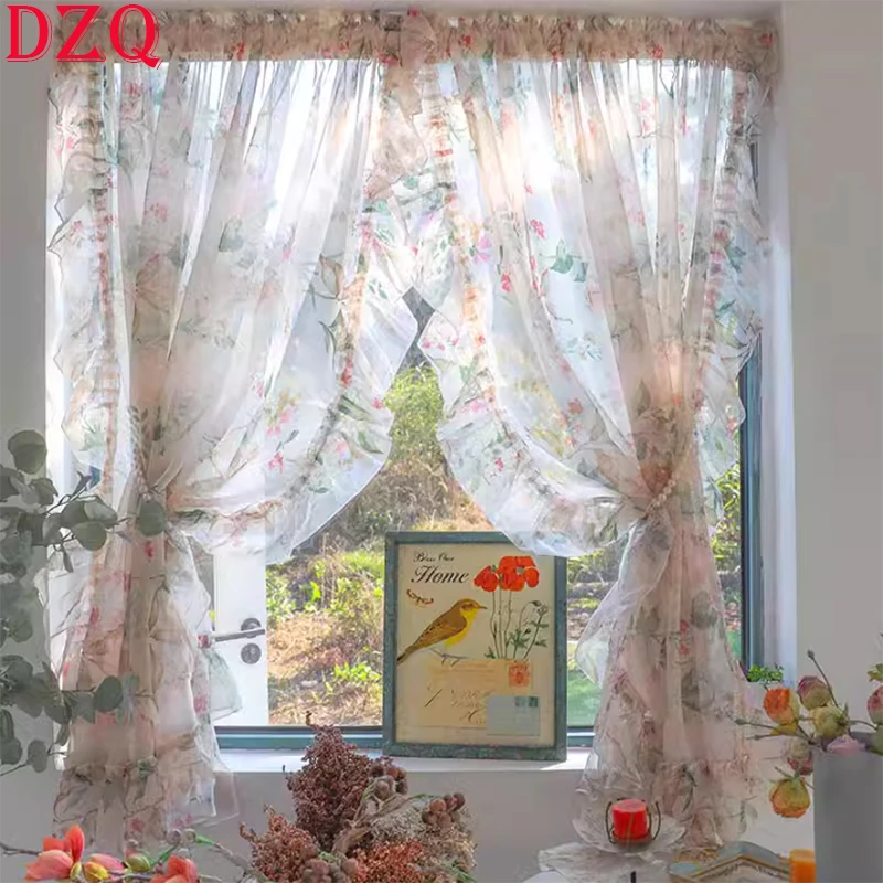 

Idyllic American Rural Flowers Window Tulle Curtains for Living Room Floral Warp Ruffled Curtains for Kitchen #A523