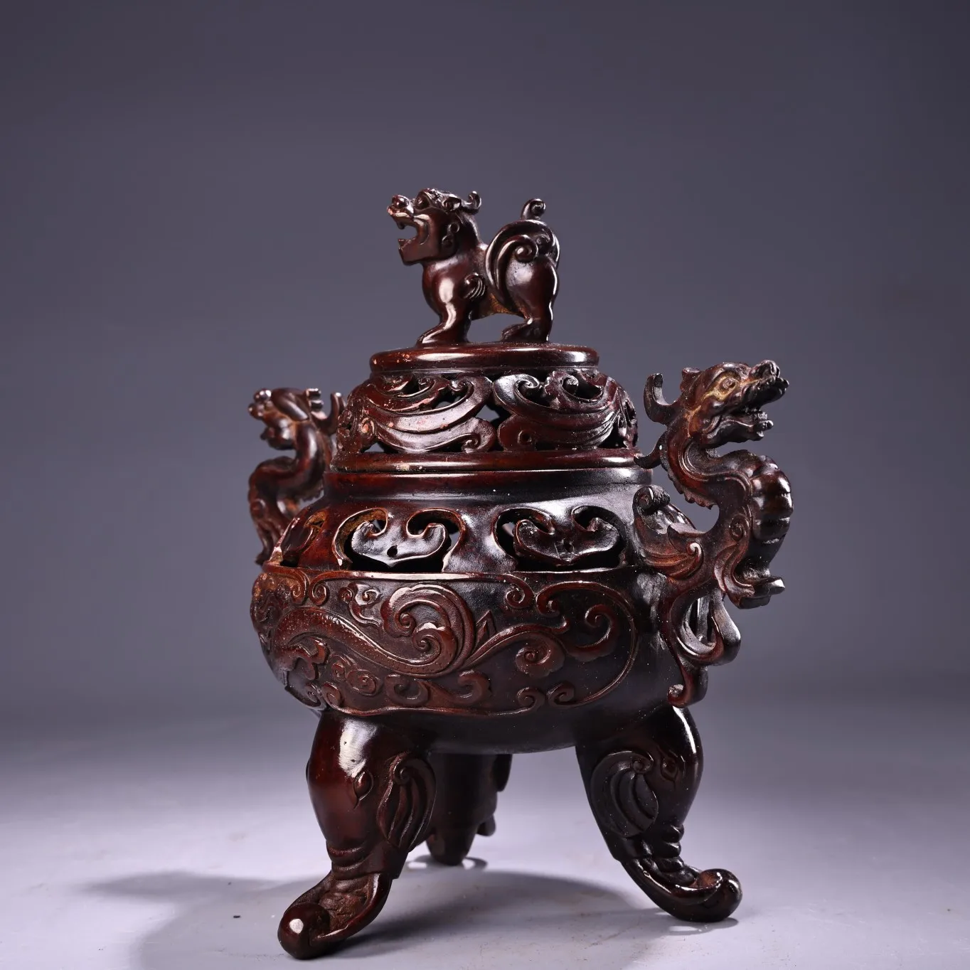 

9"Tibet Temple Collection Old Bronze High relief Kirin Statue Cover Dragon Ear Elephant head three legged incense burner