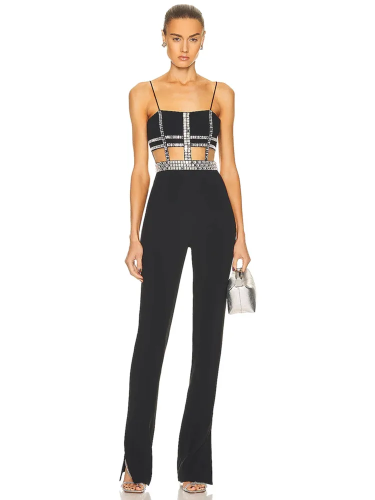 

Women Summer Style Sexy Backless Mesh Beading Studded Black Bodycon Bandage Jumpsuit 2023 Celebrity Designer High Street Rompers