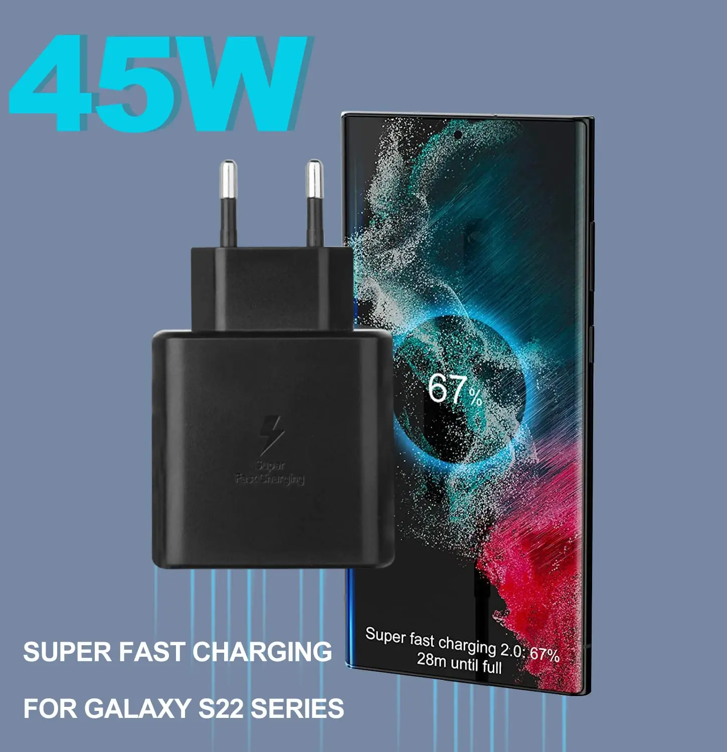 45W Super Fast USB-C Charger with Portable Adapter and Data Cable