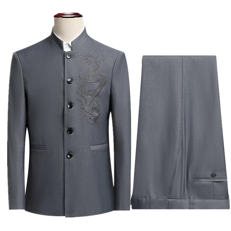 China Style Men Black Suit Two Piece Single Breasted Lapel Jacket with Trousers Asian Size M-6XL Wedding/Party/Business Suits