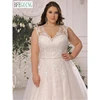 Plus Size Lace Appliques A-Line Wedding Dresses Chapel Train Custom Made Floor-Length V-Neck Sleeveless Bridal Gowns 3