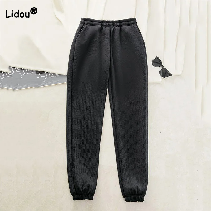 Fashion Womens Clothing Winter Waffle Sports Pants Black All-match Elastic High Waist Pockets Loose Casual Corset Trousers Trend