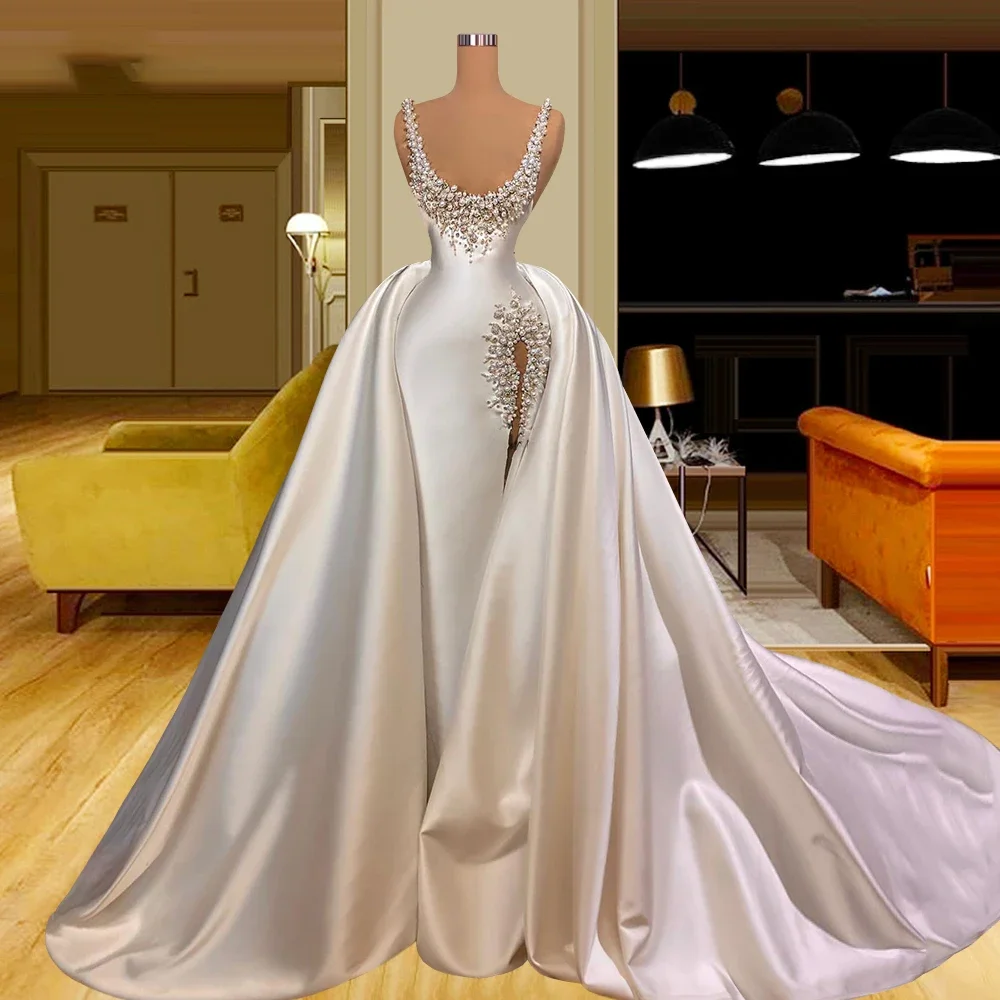 

Exquisite Scoop Neckline Pearls Wedding Dress Luxury Beads Side Slit Bride Dress Court Train Detachable Tail Mermaid Gowns 2024