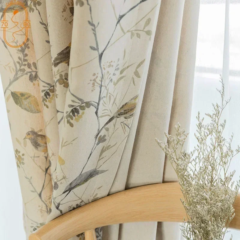 Cortinas de algodón y lino personalizadas para sala de estar, tela estampada para dormitorio, ramas de pájaros, Retro, nuevo, chino, Moderno