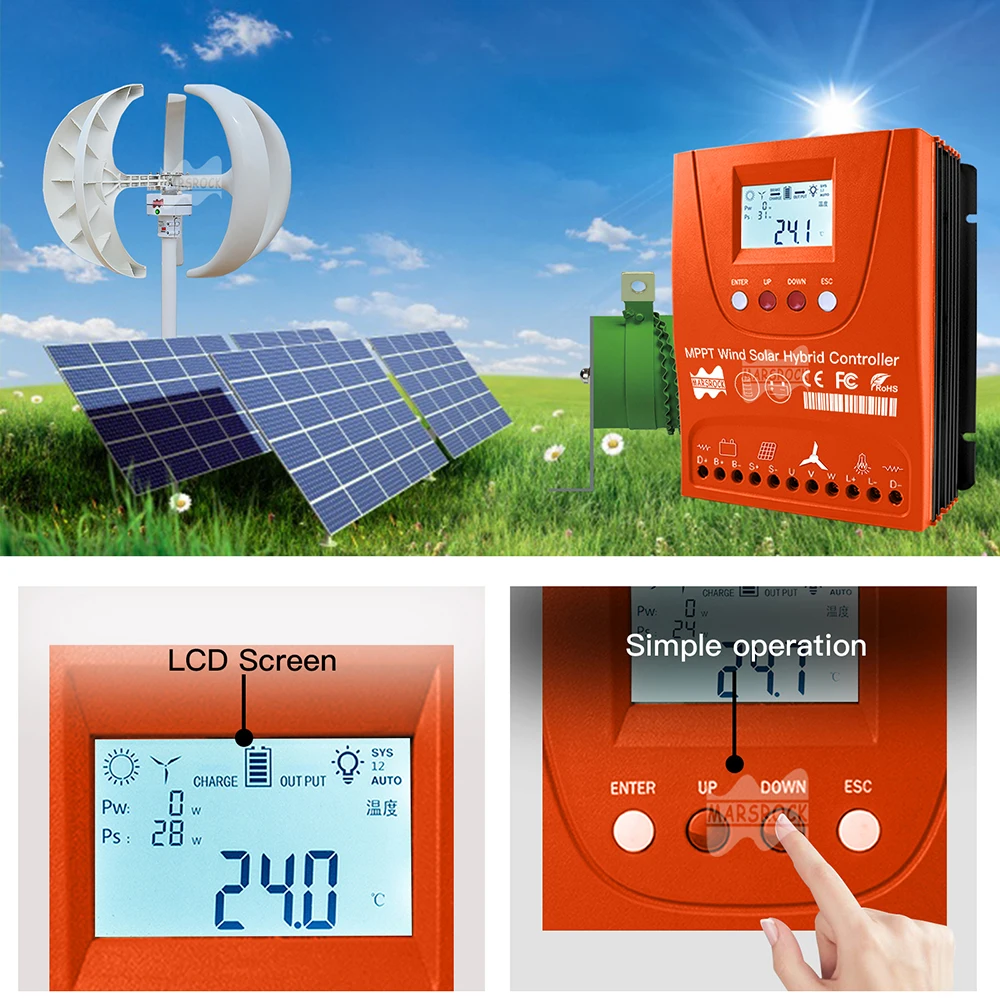 3000W 12V24V48V MPPT Hybrid Solar Controller Wind Turbine,With Unloading Load LCD Display, For Lifepo4 Full Battery - 3