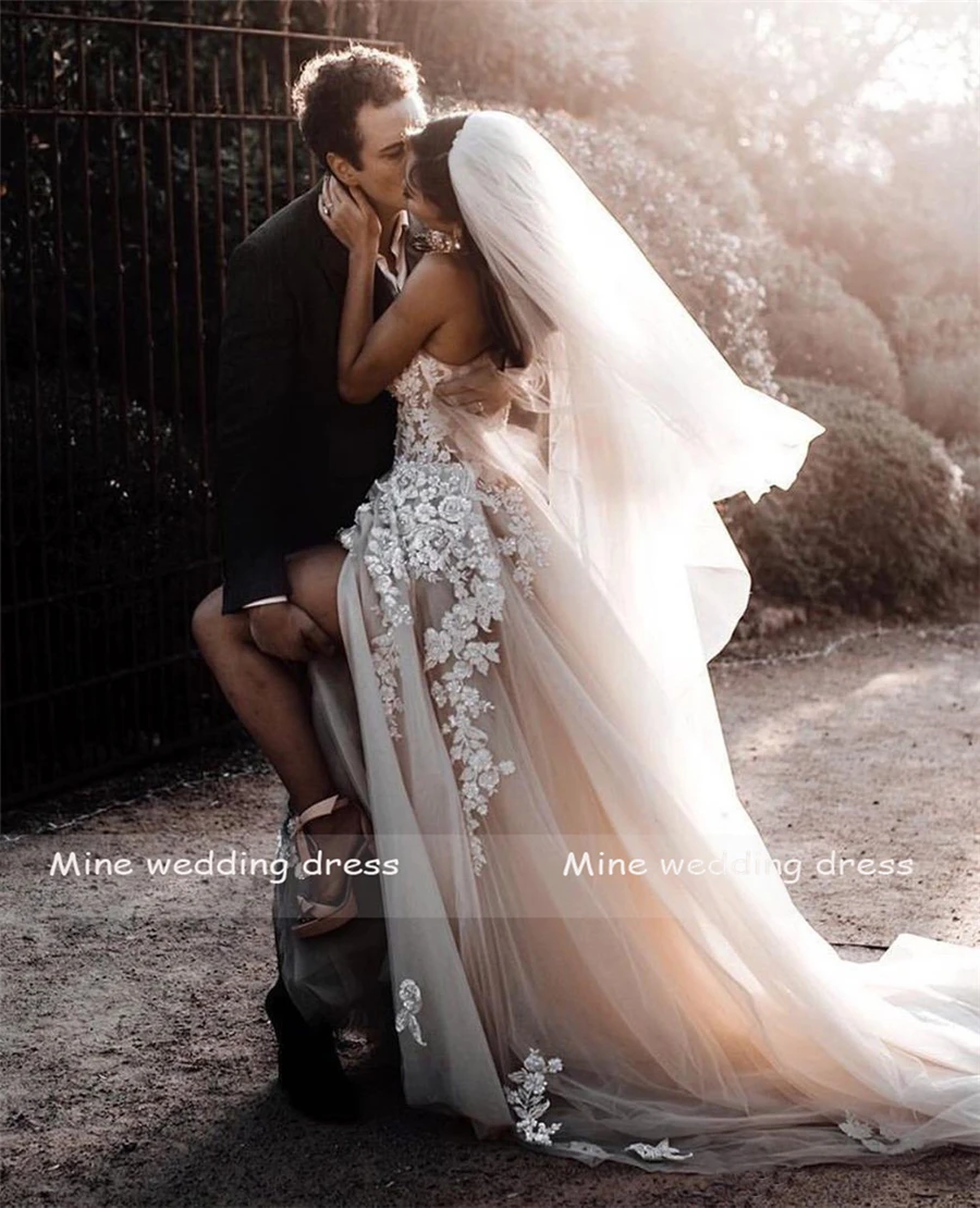 Customized Sheer Lace 3 D Flowers Applique Wedding Dresses Strapless Split Tulle Beach Bridal Gowns With Crystals 3