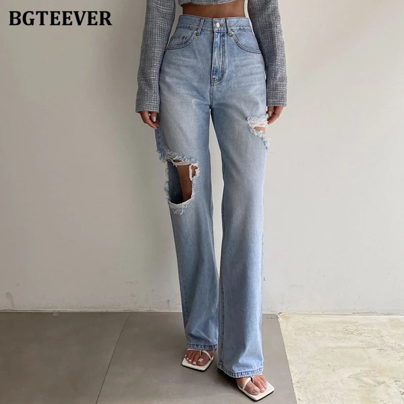 BGTEEVER Streetwear High Waist Ripped Holes Jeans Pants for Women Summer Stylish Loose Pockets Straight Denim Trousers Female