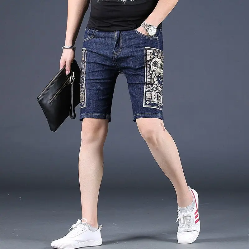 

High Quality Men’s Stretch Blue Denim Shorts,Classic Prints Decors Short Jeans,Slim-fit Korea Version Casual Shorts,Street Short