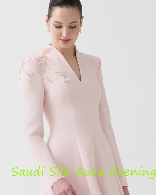 Customized Customized Delicate Pink Jersey Evening Dress V-Neck Long Sleeves Celebrity Gowns Appliques Elegant Bespoke Occasion 6