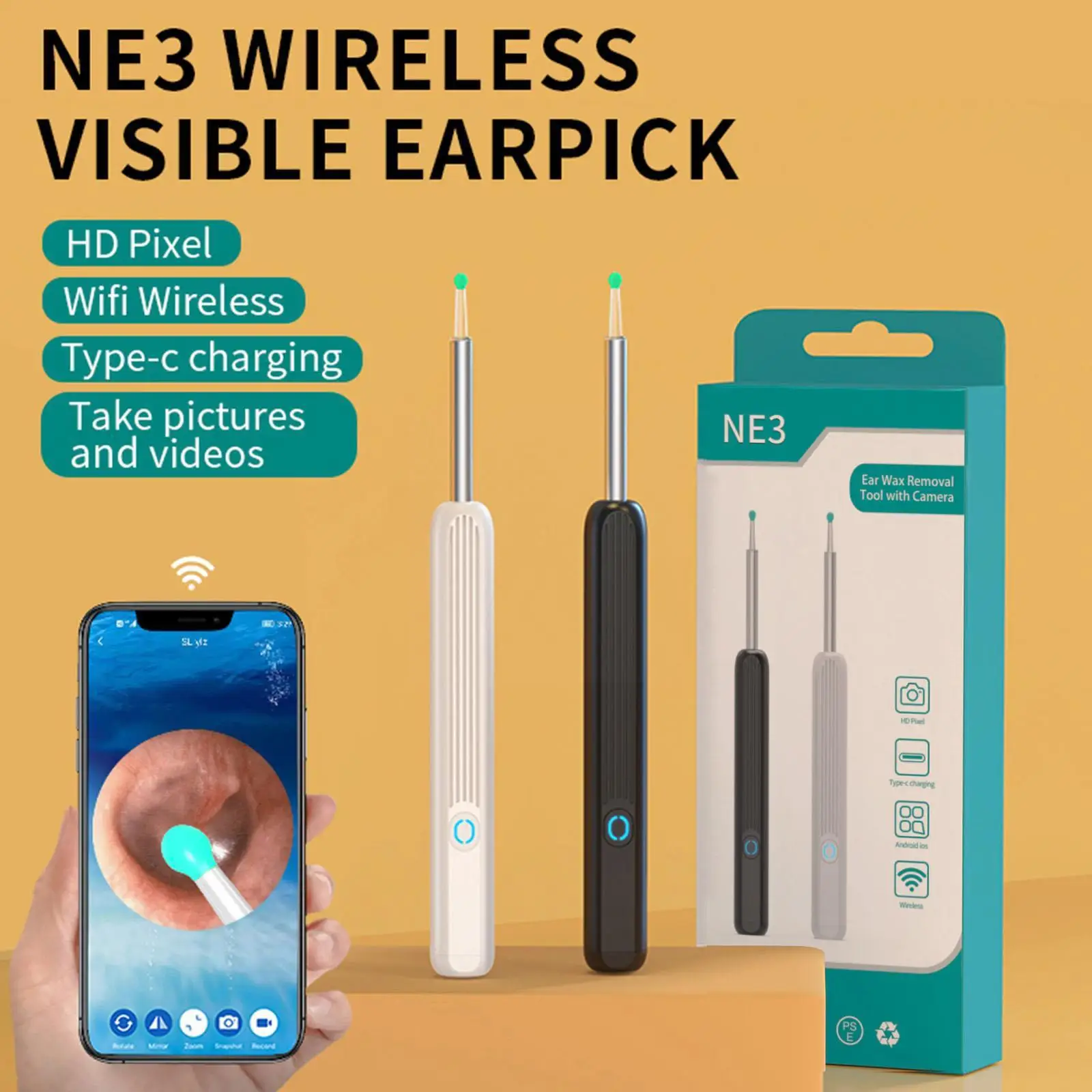 Kanoscope de nettoyage d'oreille visuel Wi-fi sans fil, kit de livres HD  1296P, bâtons