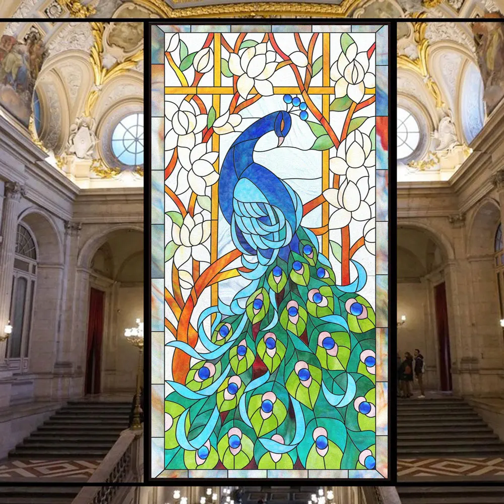 

Privacy Window Glass Film European Style Peacock Pattern Frosted Glass Stickers Sun Blocking Static Clings Bathroom Door Film