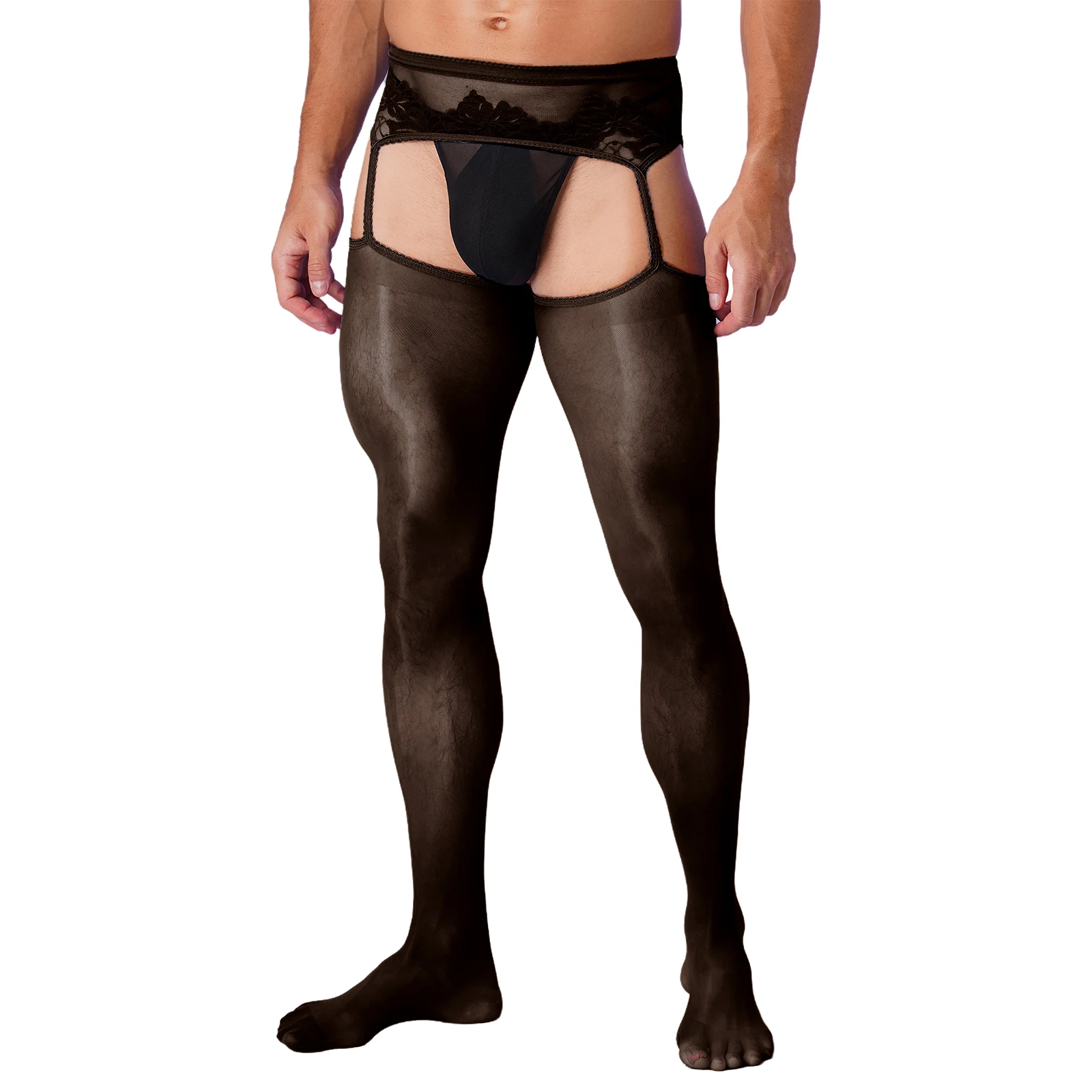 Mens Ultra Thin Mesh Leggings Gays Pantyhose Floral Lace See Through Underpants Garter Stockings for Night Dating Wear men underwear