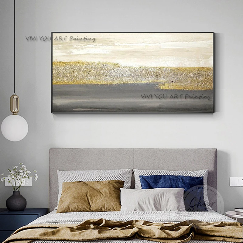 

Handmade Gold Oil Painting Gray Sandy Wall Art Large Knife Picture Nature Foil Mural Picture Room Decor for Living Room Gift