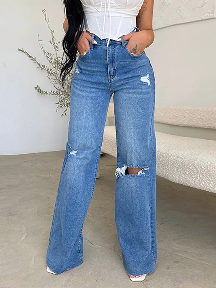 

Benuynffy Women's Ripped High Waisted Boyfriend Jeans Streetwear Casual Loose Distressed Raw Hem Straight Leg Denim Pants 2023