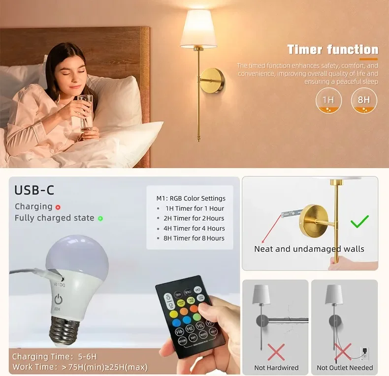 Nordic LED Wall Lamp Charging Function Retro Fabric Black GoldSilver E27 Socket Wireless Remote Control RGB For Bedroom Study