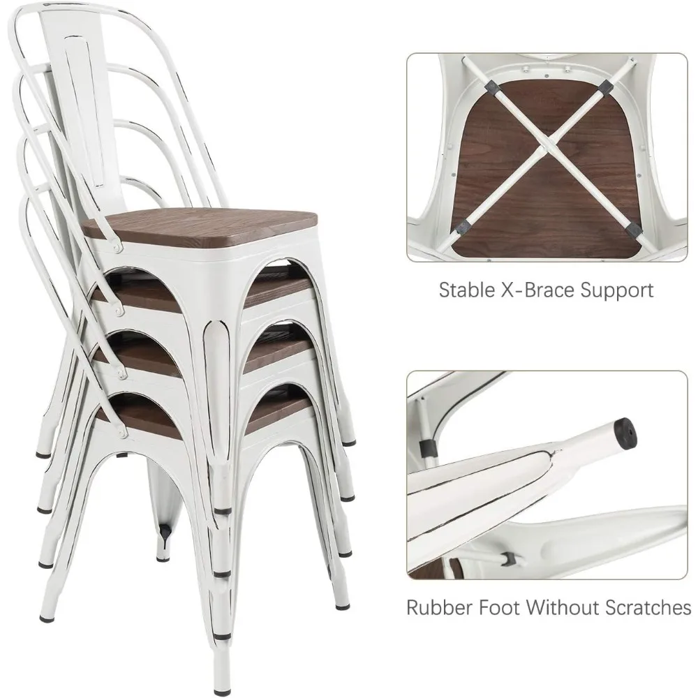 Metal Dining Chairs with Wood Seat, Indoor Outdoor Use Stackable Tolix Industrial Metal Chairs Set of 4 for Kitchen
