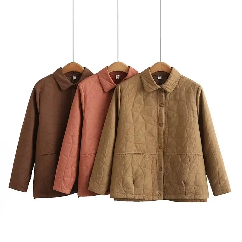 2023 Autumn Clothes Women Quilted Jacket Plus Size Loose Coats Casual Lapel Splice Geometric Pattern Outewear Curve