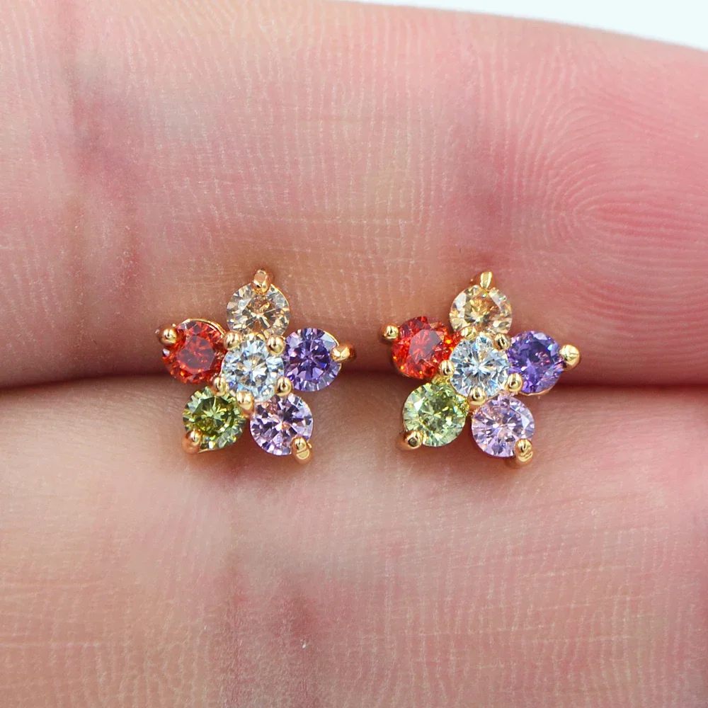 Trendy-Gold-Color-Multicolor-CZ-Small-Cute-Flower-Stud-Earrings-for ...