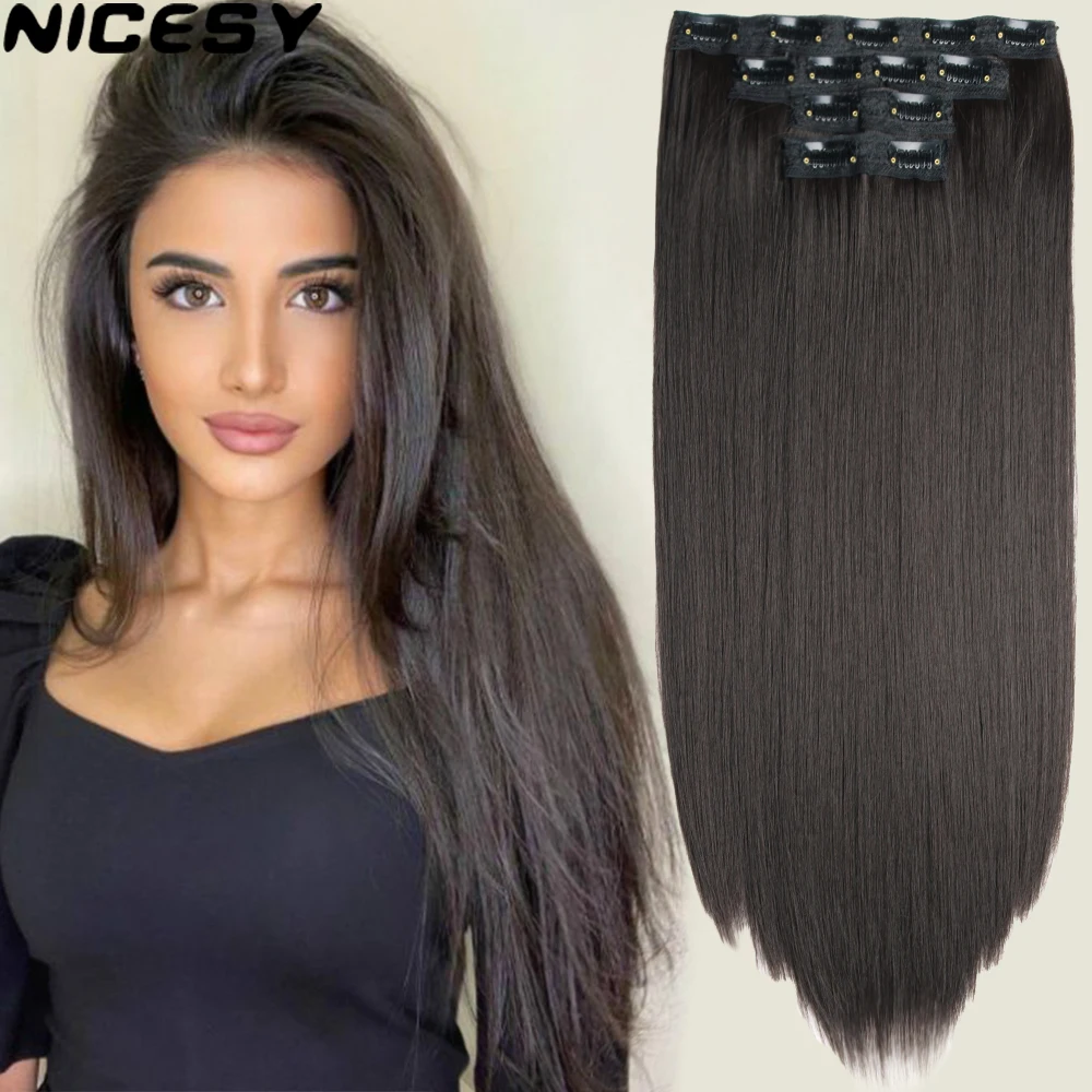 4Pcs Clip in Straight Hair Extensions, Natural Straight Hairpieces with 11  Clips, 18/24 inch Long Soft Clip on Extensions Hair Pieces for Women - Dark