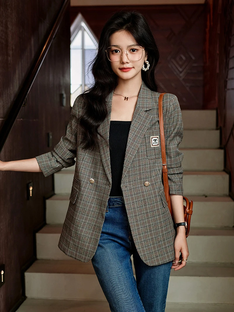 Vintage plaid small suit jacket for women Women's jacket women's blazers blazer for women coat 2023 spring and autumn new high-g