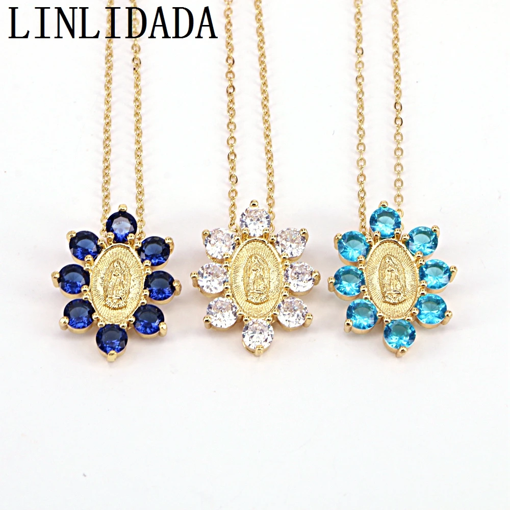 

10Pcs Copper Crystal CZ Gold Color Oval Pendant Short Chain Necklace Fashion for Women Religious Jewelry