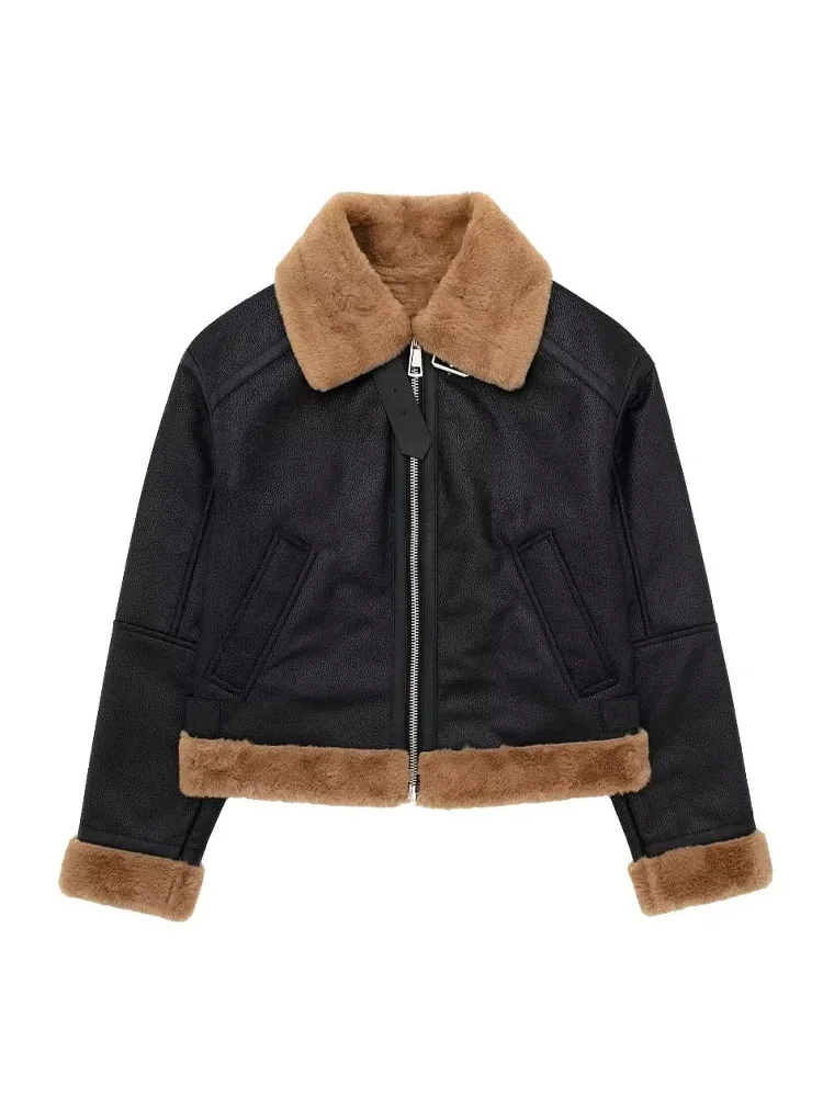 

HH TRAF Woman Trendy Winter Warm Jackets PU Leather Turn-Down Collar Long Sleeve Pockets Zipper Coats Female Cropped Jackets