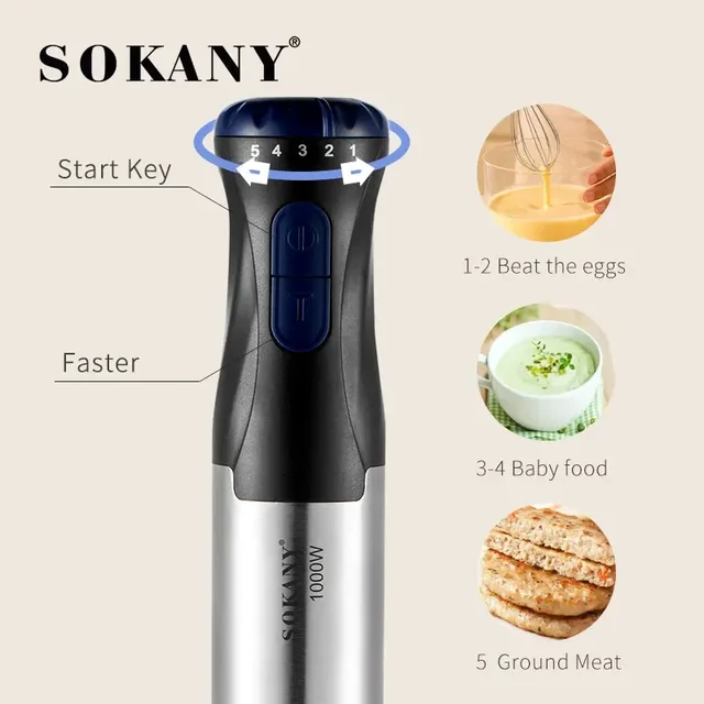 Frullatore ad immersione portatile 4 in 1, 1000 W Frullatore elettrico in acciaio a 5 velocità Gadget da cucina per alimenti per bambini, zuppe, tritare carne 4