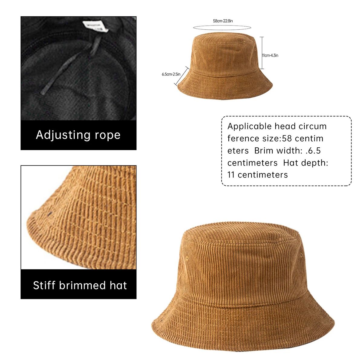 Corduroy Outdoor Bucket Hat for Women 2025 New Summer Large Head Circumference Sun Hat Uv Protection for Autumn Camping and Hiking