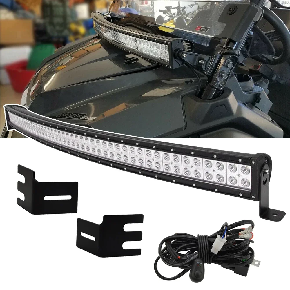 50 inches 288W Double Row Curved LED Light Bar with A-Pillar Upper Over Hood Mounting Bracket Kit For Honda Pioneer 1000 700 car front grille rebel style hood led light for dodge ram 1500 2013 2014 2015 2016 2017 2018 upper racing grille bumper grills