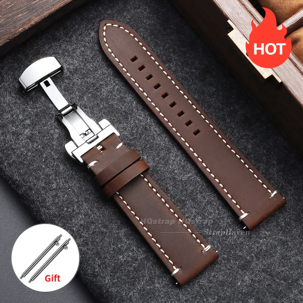 Vintage Leather Watch Strap with Butterfly Buckle - Premium Business Wristband Accessory