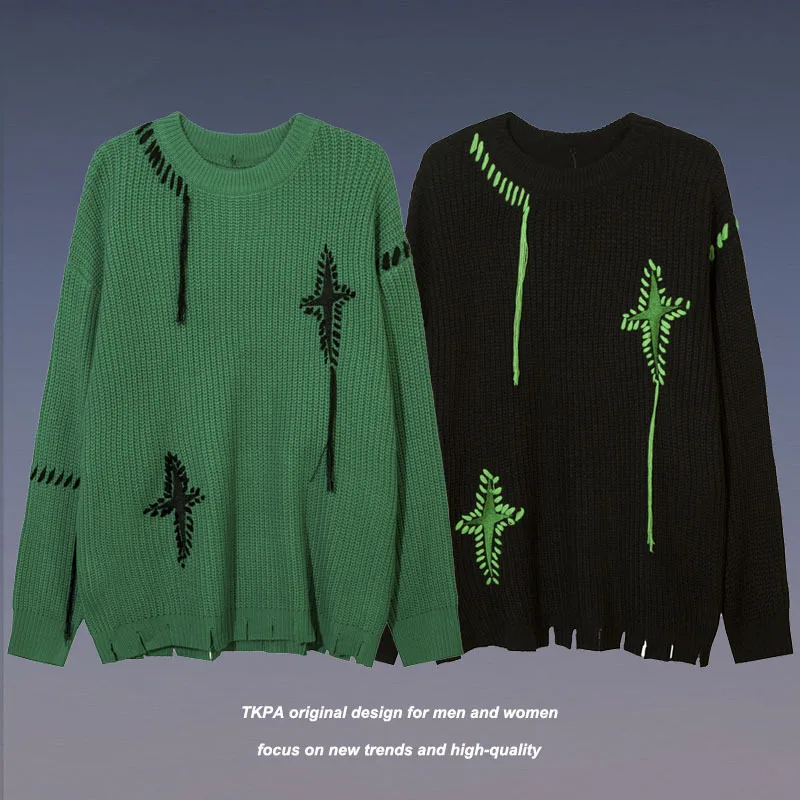 

Y2K Men's Sweater Oversize Hip Hop Harajuku Pullover Cut Out Hem Multiple Patterns High Street Chic Autumn Winter Loose M-2XL