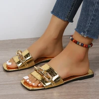 2024 Summer Flat Bottom Women's Slippers Trend Fashion Outdoor Beach Golden Chain Design Flip-Flops Square Toe Open Toe Slippers 1