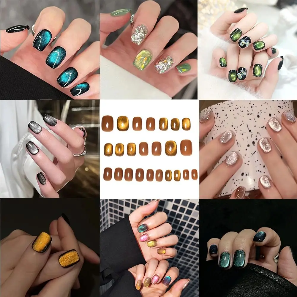24PCS Cat Eye Press on Nails Reusable Glitter Full Cover Fake Nails Short Stick on Nails DIY Manicure Art