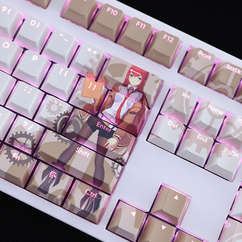 Chaves Conjunto Steins Gate Makise Kurisu Keycap Pbt Tintura Subbed Backlit Keycaps Anime Gaming Key Caps para Ansi 61 87 104 108 108 - Imagem 3
