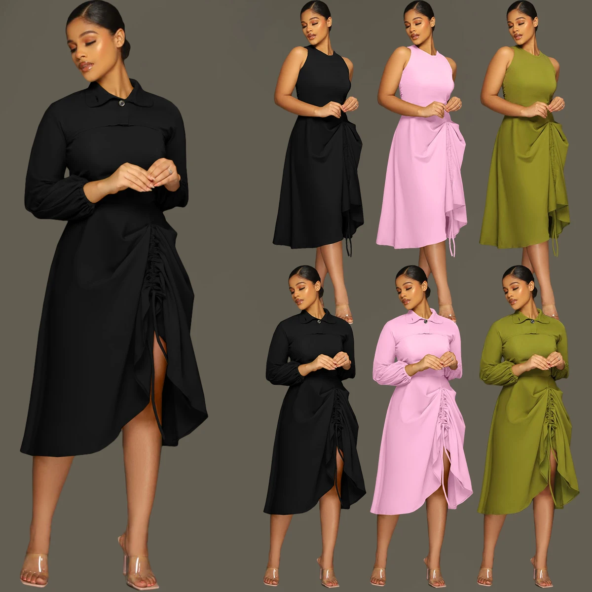 

Elegant Ruched Dress Sets Women Puff Sleeve Crop Top And Sleeveless Knee-Length Dress Fall Bodycon Dress Club Skirt Suit